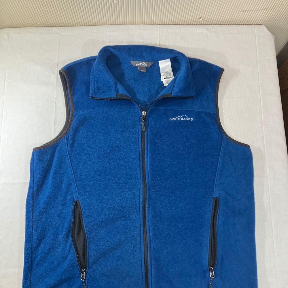 Eddie Bauer Mens Large Blue Full Zip Fleece Vest Mock Neck Outdoor Gorpcore